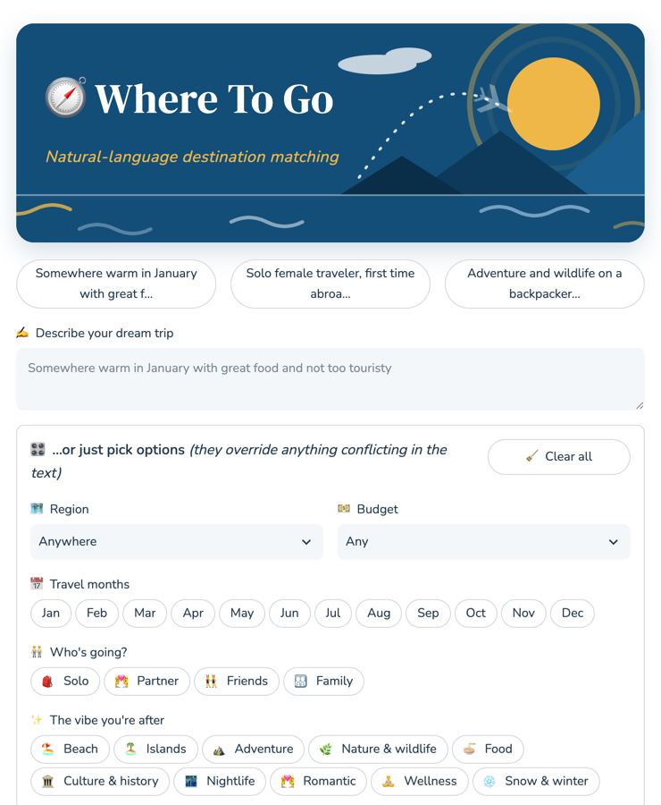 Home screen of the Where To Go travel destination recommender